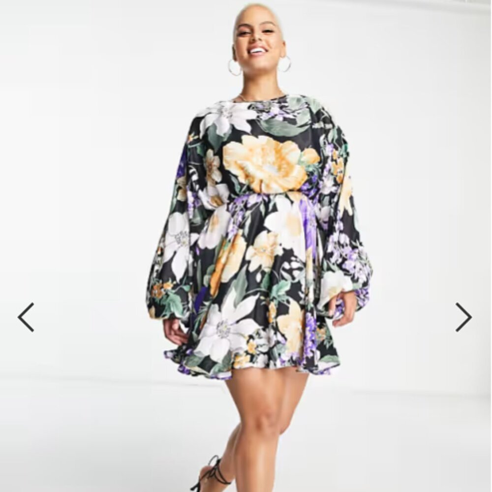 ASOS Edition Curve Floral Mini Dress Voluminous Sleeve Purple Black BNWT US 24